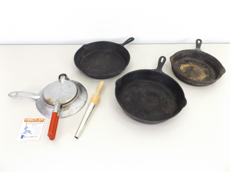 lot 40 image: 3 AntiqueVintage Cast Iron Pans, and Krumkake Iron