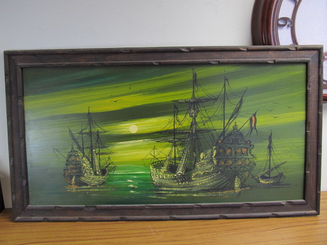 lot 68 image: HUGE Vintage Framed Oil on Canvas Ship Painting