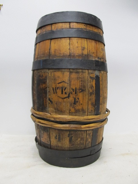 lot 101 image: Antique 19th Century Chinese Shipping Barrel - Wo Kee Co. San Francisco