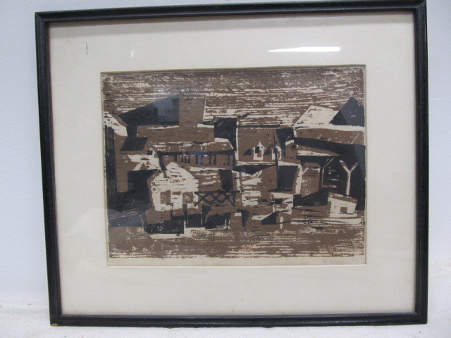 lot 104 image: Vintage 1958 Signed Anderson Modernist City Scene Artwork