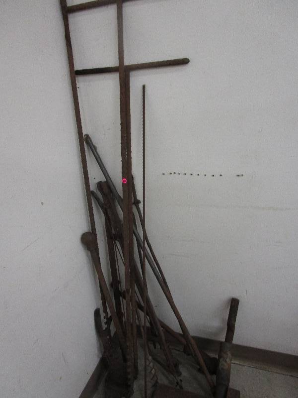 lot 32 image: Antique Soil Sample Hand Drills, Ice Chisel, Shift Levers, Slide Hammer & Vintage 1 Wood Auger Bit