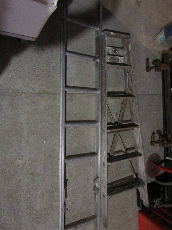 lot 84 image: 2 Ladders - Wood is 6 & Aluminum is 8 Section