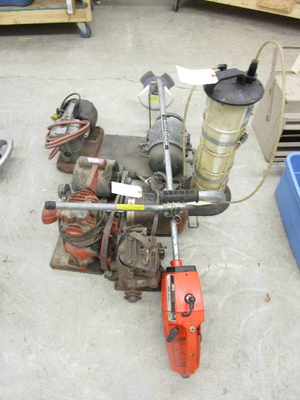 lot 116 image: Various Air Compressors & Motors(Untested), Heavy Duty Brushwacker Weed Whip(Untested) & Pneumativac Fluid Extractor(Damaged but Works)