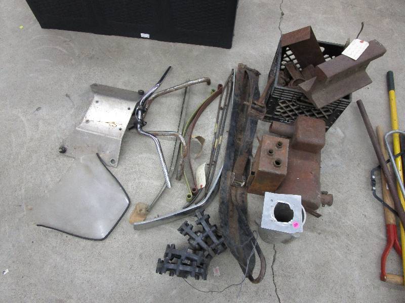 lot 122 image: Vintage Snowmobile Parts, Handle Bars, 12 Railroad Tie, Various Metal Antique Odds & Ends-Rusty Gold )
