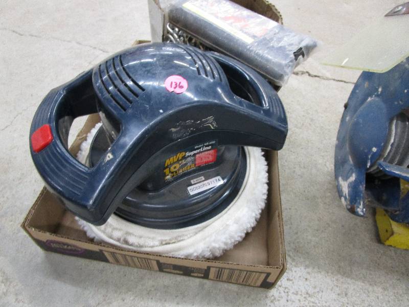 lot 136 image: ATV Tire Chains(Still in Box-Unused), MVP 10 Polisher(Works Great) & Front Bumper Screen Cover(For Large Cars, Vans, SUVs & Trucks)