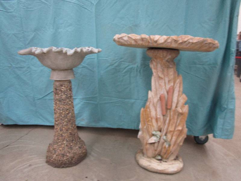 lot 156 image: 2- Heavy Duty Bird Baths One Has Some Damage but Nice Base to Put Your own Top on.