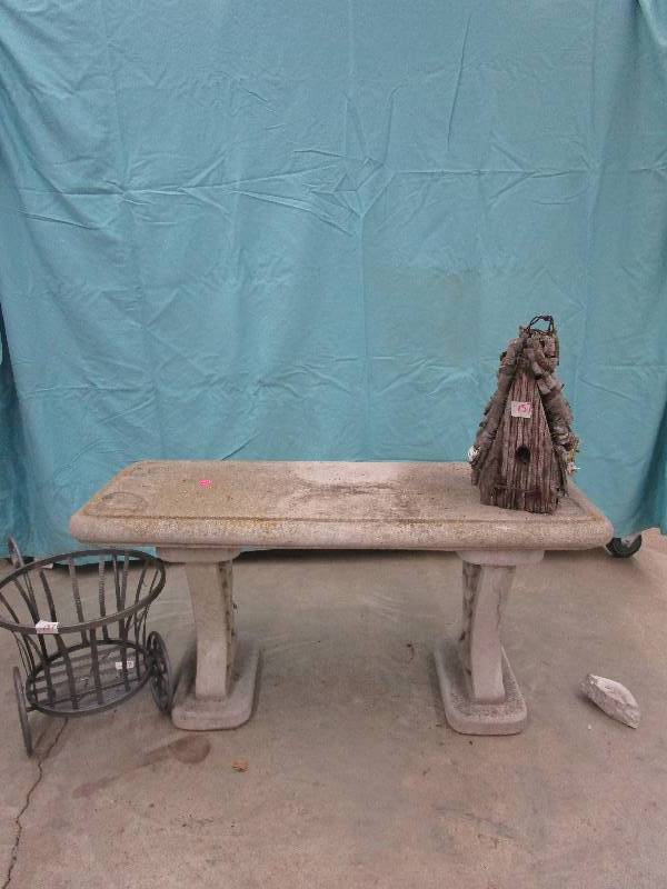 lot 157 image: Cement Garden Bench with little corner broke off underneath 35 x 18 , Metal Flower Basket and Rustic Birdhouse