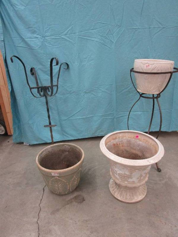lot 159 image: Assorted Garden Metal Cemetary Plant Holders and Heavy Cement and Ceramic Flower Pots and one USA Flower Pot