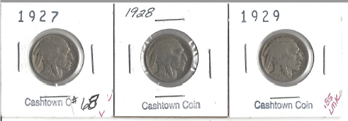 lot 42 image: Three Different Buffalo Nickels - 1927, 1928, & 1929
