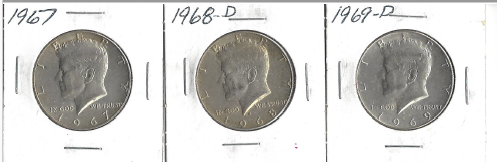 lot 1 image: Three Different Kennedy Half Dollars - 1967, 1968-D, & 1969-D