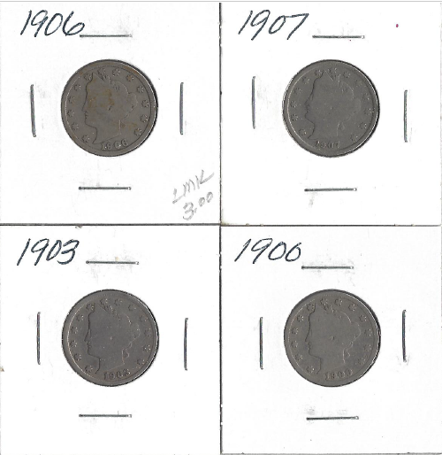 lot 5 image: Four Liberty Head Nickels - 1900, 1903, 1906, & 1907