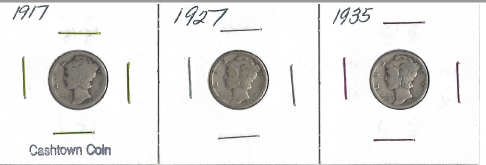 lot 16 image: Three Different Mercury Dimes - 1917, 1927, & 1935