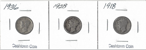 lot 17 image: Three Different Mercury Dimes - 1918, 1928, & 1936