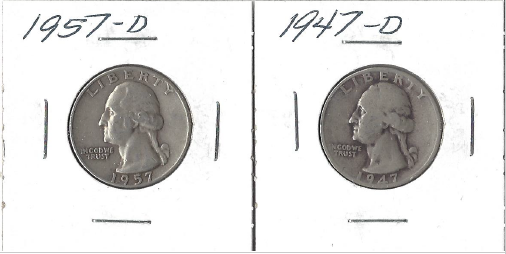 lot 25 image: Two Washington Quarters - 1947-D & 1957-D
