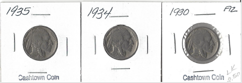 lot 27 image: Three Different Buffalo Nickels - 1930, 1934, & 1935