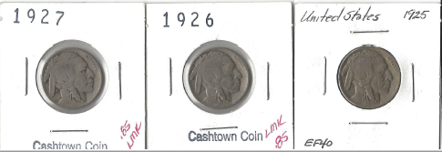 lot 28 image: Three Different Buffalo Nickels - 1925, 1926, & 1927