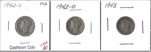 lot 29 image: Three Different Mercury Dimes - 1942, 1942-D, & 1942-S