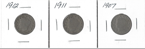 lot 34 image: Three Different Liberty Head Nickels - 1907, 1911, & 1912