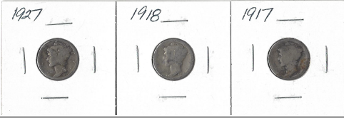 lot 35 image: Three Different Mercury Dimes - 1917, 1918, & 1927