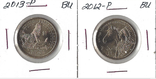 lot 36 image: Two Native American Dollars - 2012-P & 2013-P BU