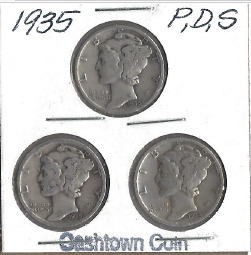 lot 39 image: Three Different Mercury Dimes - 1935, 1935-D, & 1935-S