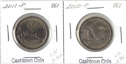 lot 37 image: Two Native American Dollars - 2010-P & 2011-P