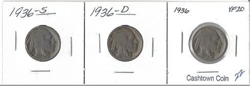 lot 43 image: Three Different Buffalo Nickels - 1936, 1936-D, & 1936-S
