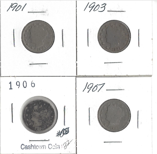 lot 44 image: Four Liberty Head Nickels - 1901, 1903, 1906, & 1907
