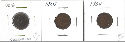 lot 48 image: Three Different Indian Pennies - 1904, 1905, & 1906