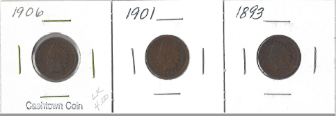 lot 50 image: Three Different Indian Pennies - 1893, 1901, & 1906