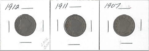 lot 52 image: Three Different Liberty Head Nickels - 1907, 1911, & 1912