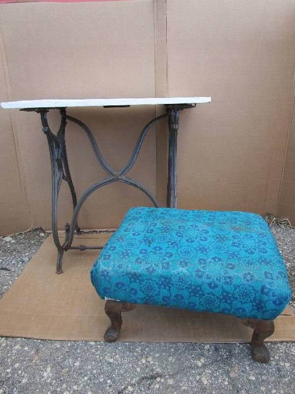 Metal Sewing Machine Bottom Made into Table and Foot Stool
