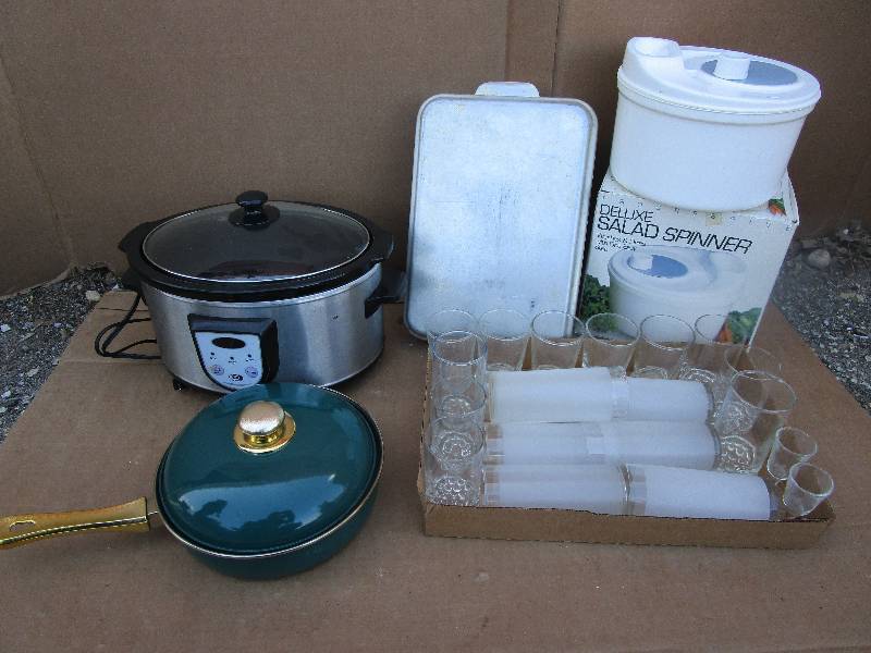Crock Pot, Fry Pan, Glasses, Salad Spinner, Cake Pan with Cover and More