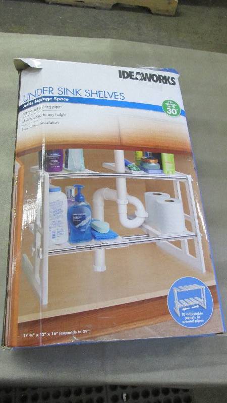 lot 340 image: Adjustable Under Sink Storage Shelf...