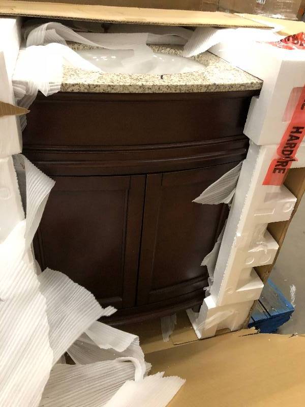 Pegasus PEMDV1218 31 D Vanity In Cherry With Marble Vanity Top In Cream And White Basin whit small damage stock photo used to display the unit
