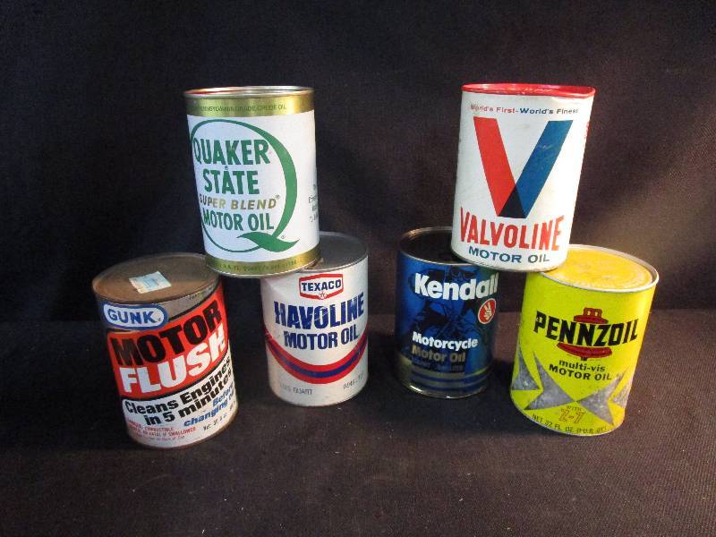 lot 40 image: 6 Full 1 Quart Oil Can (Pennzoil, Kendall, Texaco, Valvoline, Quaker State, and Gunk Motor Flush)