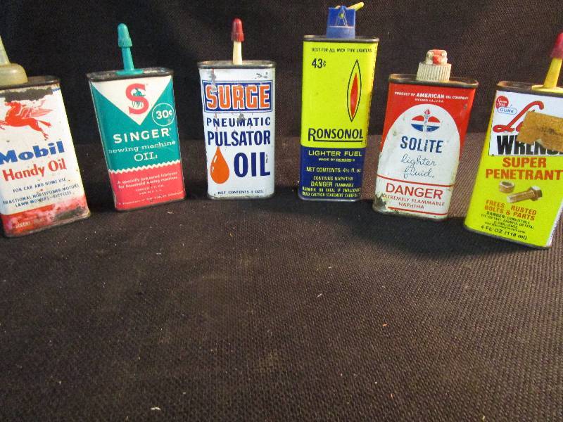 lot 41 image: 6 Houshold Oilers (Mobil, Surge, American Oil, Singer, Ronsonol, and Liquid Wrench)