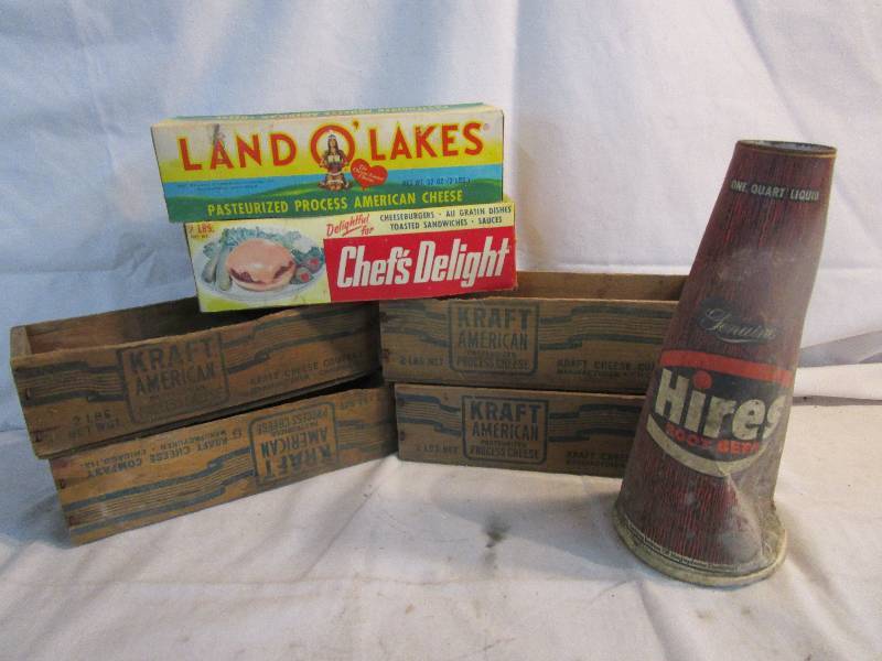 lot 120 image: Old Cheese Boxes and Rootbeer Container