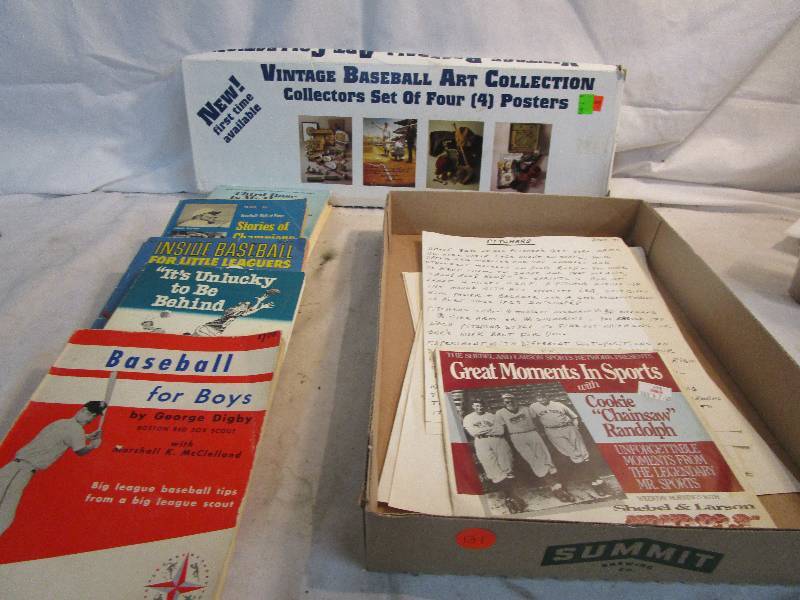 lot 131 image: Old Baseball books, Handwritten baseball notes and 4 Baseball Poster set
