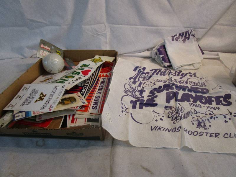 lot 134 image: Sports Bumper Stickers, John Elway Locker Poster, Dan Marino Locker poster, and Misc soports items