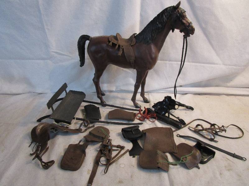 lot 168 image: Johnny West Horse w 3 Saddle bags, 2 Brindles, 2 Blankets, 3 Saddles, & misc pcs