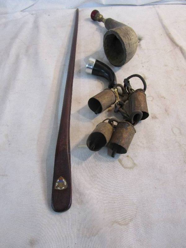 lot 184 image: Antiques Border 1916 USNG Pointer Stick,Homemade Horn Pipe, and Old Bells
