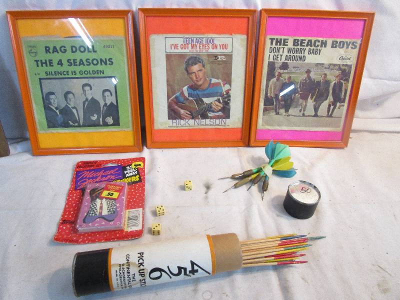 lot 194 image: Old Dice, Pick up Sticks game,Darts, Framed Records