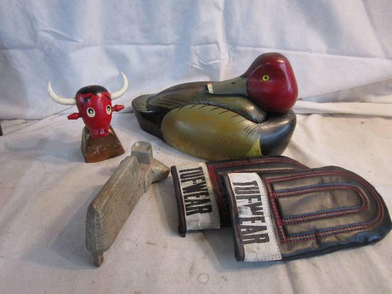 lot 200 image: Tuffware Fighting Gloves, Wood Duck Phone, Bell, Old Tractor Frame
