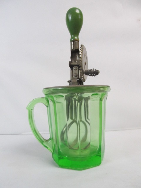 lot 10 image: Vintage A & J Green Glass Hand Mixer 