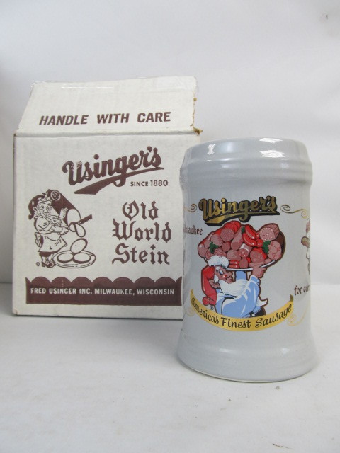 lot 45 image: Mint In Box Vintage USINGER Sausage Advertising Beer SteinMug