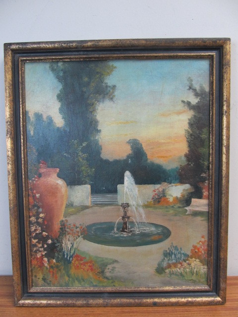lot 6 image: Orig Antique Fountain Scene Oil on Canvas Painting