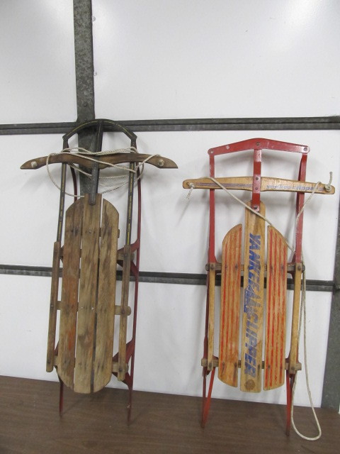 lot 121 image: Pair of Vintage Wooden Snow Sleds