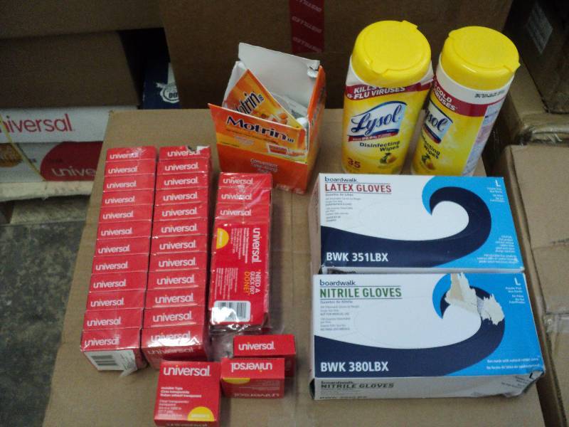 36 rolls of tape, 2 boxes of nitril...