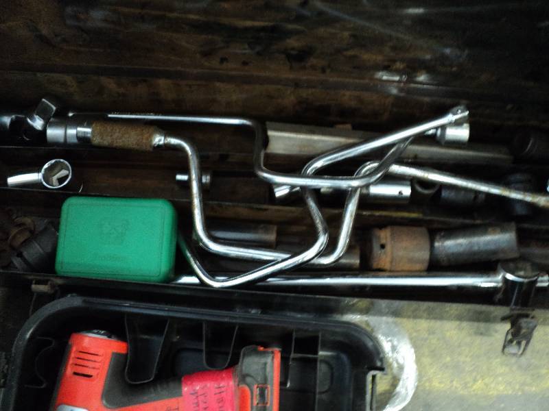 metal tool box of tools and drill, ...